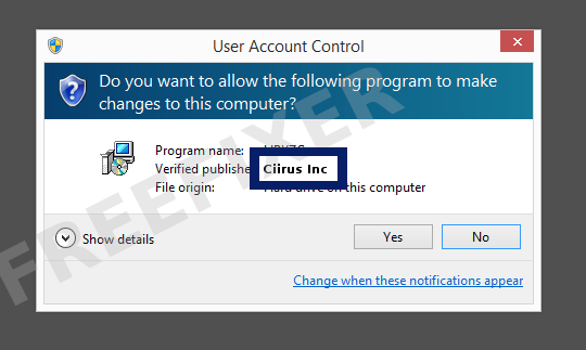 Screenshot where Ciirus Inc appears as the verified publisher in the UAC dialog